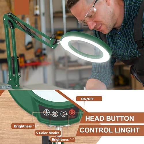 LANCOSC 15X Magnifying Glass with Light and Stand, 3-in-1 Adjustable Swing Floor Lamp, 5 Color Modes Stepless Dimmable, LED Lighted Hands Free Magnifier & Clamp for Reading, Crafts, Painting - Green
