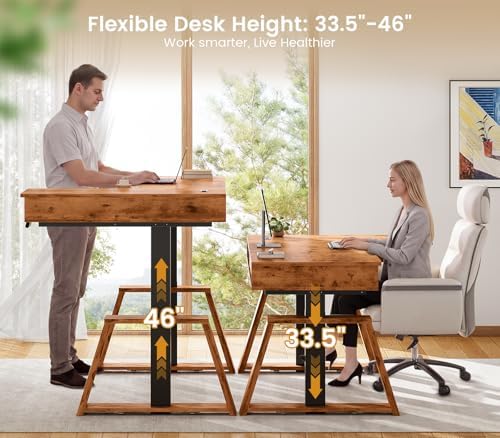 SEDETA 59 Inch L Shaped Electric Standing Desk with Drawers, Executive Adjustable Desk with Power Outlets, Sit Stand Computer Table for Home Office, Rustic Brown