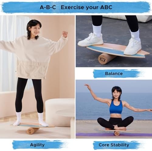 XCMAN Surf Balance Board Trainer with Roller Wooden Exercise Balancing Stability Trainer - Non Slip Surface for Adults Kids|Balance Board for Surfing,Snowboarding,Skateboarding,Hockey,Yoga Training
