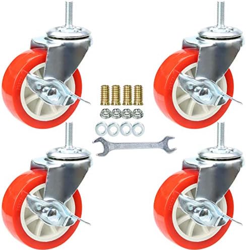 3 Inch Swivel Caster Wheels with Brake Set of 4, YEEMIGO Metric Size M8×25mm Threaded Stem Castors, Casters Heavy Duty-Total Capacity 450lbs, Replacement for Cart Furniture Workbench and Trolley