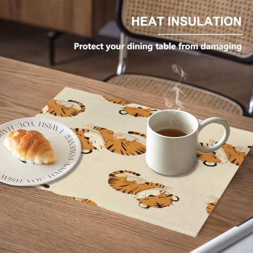 Cute Tiger in Tan Placemats, Sleeping Tigers Pattern Place Mats for Dining/Kitchen Table Waterproof Washable Linen Heat Insulation Dinner Table Mats 12X18 in 6 Pcs