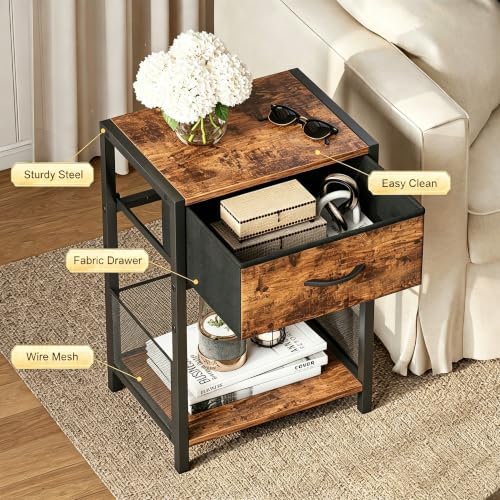 Night stand Set of 2 with Fabric Drawer, Rustic Brown Bedside Table