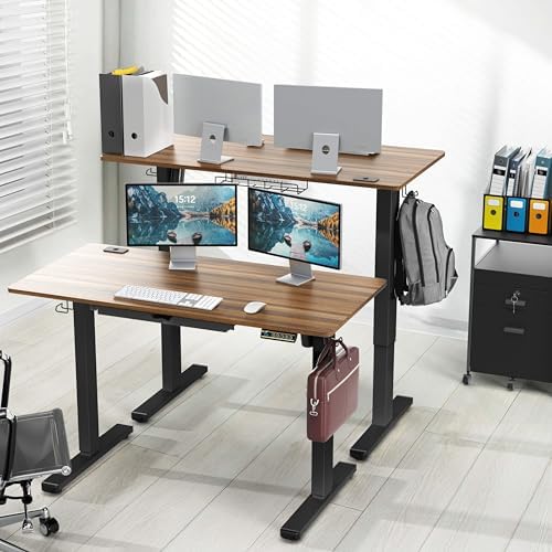 SHW 48-Inch Electric Height Adjustable Standing Desk w/Drawer, Walnut