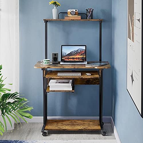 Yaheetech Small Rolling Computer Desk with Hutch and Shelves, Rustic Brown
