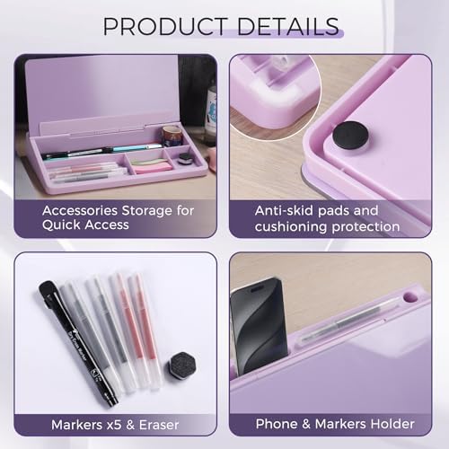 TOWON Compact Glass Desktop Whiteboard with Storage 12x7 in, Lavender