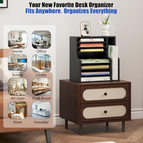 Wood Desktop File Holder Organizer Mail Sorter for File Folders, Mails, Envelopes or Magazines, 8 Compartments (Black)