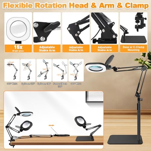 15X Magnifying Lamp with Light,5-Inch Optical Glass Lens, 3-in-1 Desk/Clamp/Floor Stand, LED Lighted Magnifier, Stepless Dimming for Close Work, Crafts, Repair, Reading, Sewing, Black