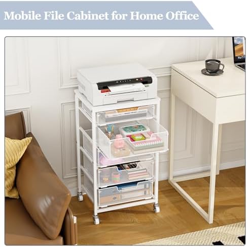 Sbanmao 5 Drawer Mobile File Cabinet, Under Desk Mobile Filing Cabinet with Wheels, Vertical Metal Filing Chest Rolling Small Desk Printer Stand Storage Organization for Home Office, White