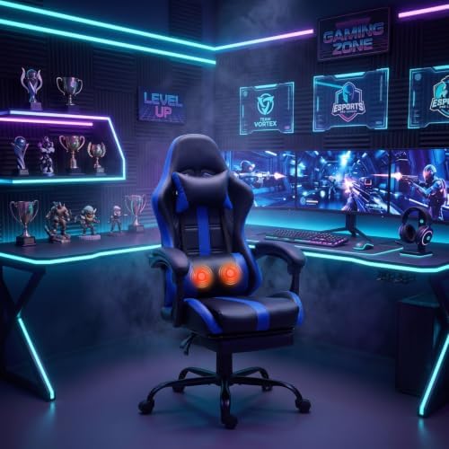 Massage Gaming Chair with Footrest & Lumbar Support, Blue
