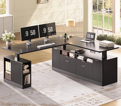 SEDETA Fluted L Shaped Executive Electric Standing Desk with 4 Drawers
