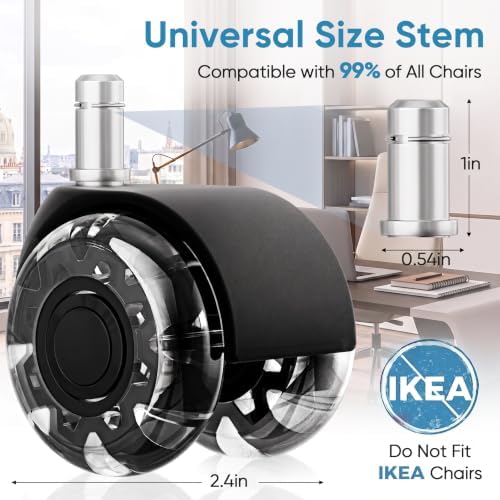 2 Inch Office Chair Wheels(Set of 5)-Heavy Duty Rubber Casters for Hardwood & Carpet, 2200lbs Capacity Universal Fit Smooth Rolling Casters Replacement Black