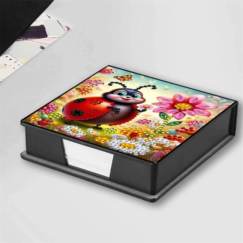 Ladybug Diamond Painting Note Box Memo Pad Holder, Diamond Art Sticky Notes Organizer for Desk, Aesthetic Stationery Storage Case for Office,School Supplies (Ladybug)