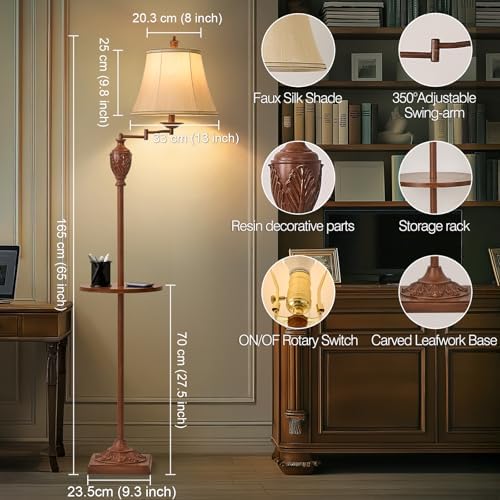 Traditional Floor Lamp with Tray, Remote Dimmable,350° Swing Arm and Walnut
