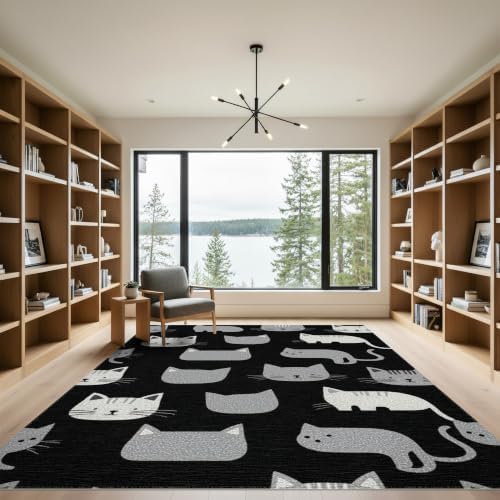 9'x12' Midnight Black Cat with Silver Accents Washable Area Rug