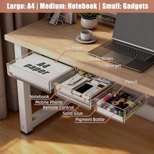 3 Pack Under Desk Drawer Slide Out Storage Organizer, Clear White 3 Sizes (S/M/L), Dual-Mount Hidden Table Tray for Tablets, Planners & Office Supplies