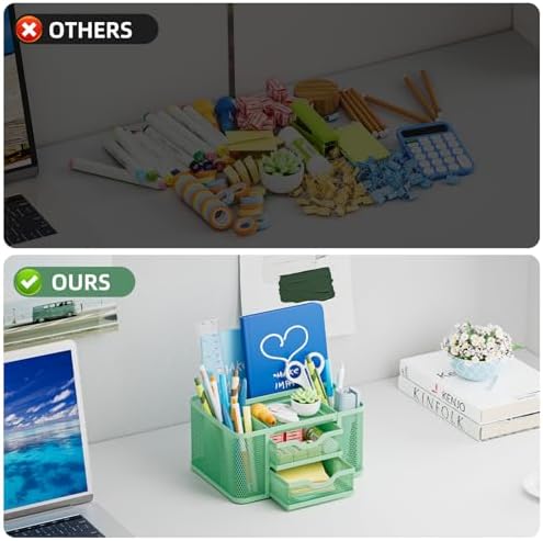 Marbrasse Mesh Desk Organizer, Pen Organizer with 2 Drawer, Multi-Functional Pencil Holder, Desk Organizers and Accessories with 5 Compartments + Drawer for Office Art Supplies (Green)