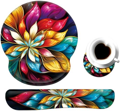 Keyboard Wrist Rest and Mouse Pad Wrist Support Set with Coaster,Ergonomic Mouse Pad,Comfortable for Easy Typing, Pain Relief,Memory Foam Keyboard Pad Set for Laptop Mac,Blue Fractal Flower