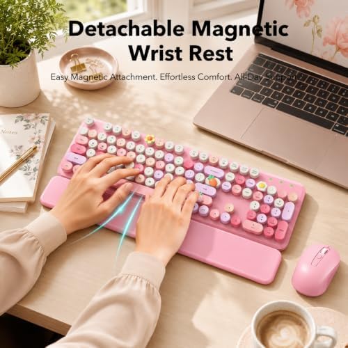Wireless Keyboard and Mouse Combo, Round Keycaps, Magnetic Wrist Rest, Pink