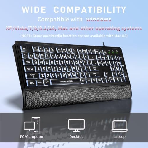 Large Print Backlit Keyboard, Wired USB for Seniors & Low Vision