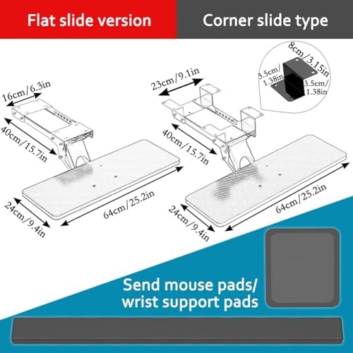 Keyboard Tray Under Desk Adjustable Height with Ergonomic Wrist Rest Pad, Ergonomic Keyboard Drawer, Swivels 360° with Adjustable Height and ±15° Tilt/Brown/Corner Slide Type, Black