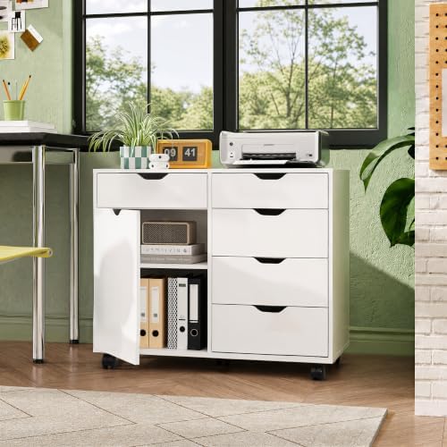 DEVAISE 5-Drawer Wood Office Cabinet, Craft Storage Cabinet, White