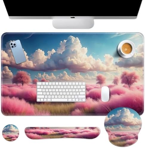 Britimes Keyboard Mouse Pad Set, 4 in 1 Desk Mat Set, Pink Clouds