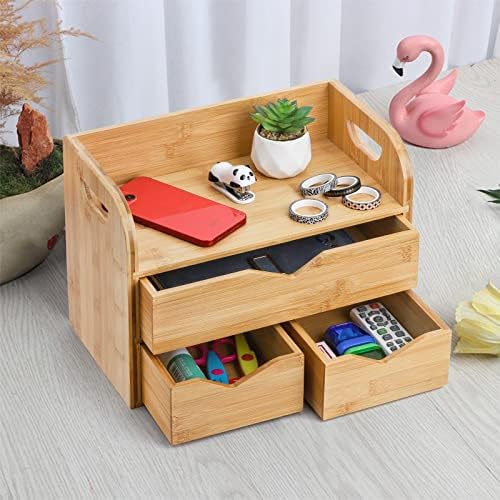 Hacaroa 3 Tier Bamboo Desktop Organizer with 3 Drawers, Tabletop Craft Box Cosmetic Storage Drawer with Handle, Portable Desk Letter Mail Sorter for Office Supply, Toiletries