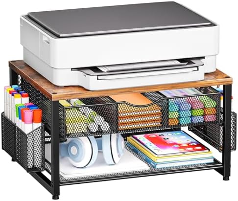 Marbrasse Wood Printer Stand for Desk, 2-Tier Desktop Printer Table for Home Office, Printer Stand with Storage Drawer 2 Pen Holders, Multi-Purpose Desk Organizer for Fax Machine Scanner(Wood Brown)