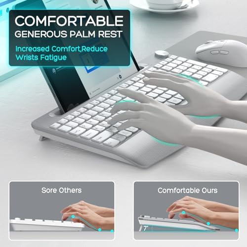 GAMCATZ Wireless Keyboard and Mouse - Full-Sized Ergonomic Keyboard with Wrist Rest, Phone Holder, Volume Knob,2.4GHz Silent Cordless Keyboard Mouse Combo for Computer, Laptop, PC, Mac, Windows -White
