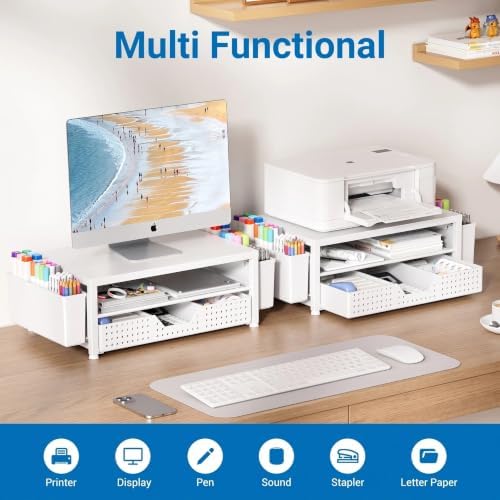 OPNICE Desk Organizers and Accessories, Computer Monitor Stand Riser with Drawer and 2 Pen Holders, Printer & Laptop Stand, Office Desk Accessories & Workspace Organizers for Home Office Supplies, White
