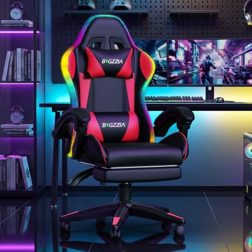 Bigzzia RGB Gaming Chair with Footrest, Lumbar Massage for Adult/Kid（Red）