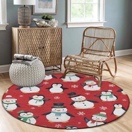 Circular Rugs Large Modern Round Area Rug Fashion Decor Mat for Home Office Christmas Cute Penguin Snowman Red
