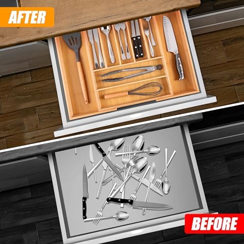 Bellsal Large Premium Bamboo Silverware Organizer - Expandable Utensil Drawer Organizer - 17"x19.6" Utensil Holder and Cutlery Tray with Grooved for Kitchen Flatware and Utensils