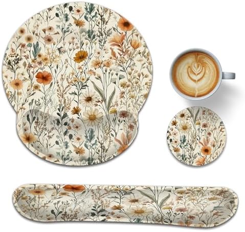 Vintage Flowers Keyboard Wrist Rest Pad Ergonomic Mouse Pad Set,Boho 3 in 1 Memory Foam Mouse Pad with Non Slip Base for Office and Home
