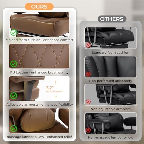 Dowinx Big and Tall Office Chair 400 Lbs with Rotating Massage Lumbar Support, Thick Seat Cushion and Adjustable Armrest,Computer Gaming Chair with Footrest,Brown