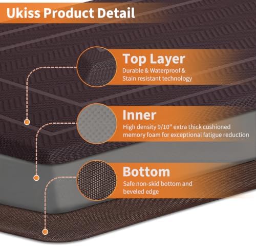 UKISS 9/10"" Extra Thick Cushioned Anti Fatigue Kitchen Mat, Waterproof High Density Foam Standing Desk Mat, Non-Slip Ergonomic Comfort Mat for Kitchen, Office,Workstation Black (Brown, 20" X 48")
