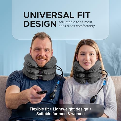 Inflatable Neck Stretcher for Neck Pain Relief, Cervical Traction Device with Hand Pump, 3-Layer Adjustable Neck Decompression Collar for Pinched Nerve, Stiff Neck & Tech Neck Support