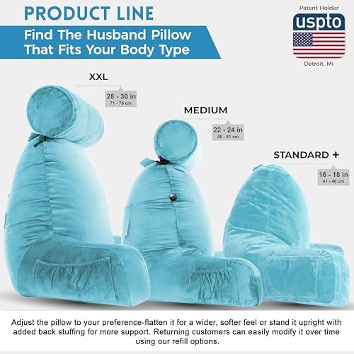 Husband Pillow XXL The Original for Adults - 30" Tall Backrest for Sitting Up in Bed - Firm Support Reading, Bed Rest Pillow for Adult, Neck Roll, Removable Cover - TV - Carolina Blue