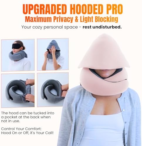LOEXAIR™ Hooded Pro Travel Pillow - Memory Foam Neck Support Pillow for Airplane, Flight - Super-Soft Pure Cotton Fabric, Maximum Privacy & Light-Block Design, Lightweight Full Travel Kit- Sakura Pink