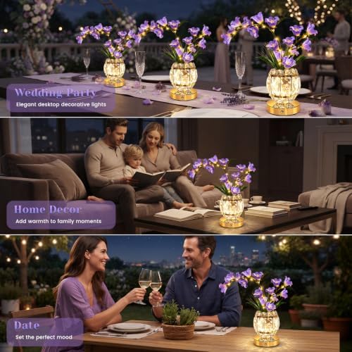 Lily Flower Lamps, Rechargeable Cordless Small Desk Lamp, 3 Colors Dimmable Artificial Flowers Night Light, Fake Bouquet 3 Lilies with Crystal Vase for Home Date Party Decoration (Purple - May Bells)