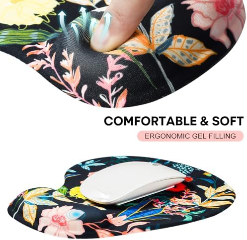 JIKIOU Ergonomic Mouse Pad with Gel Wrist Rest 2Pack, Portable Small Flower