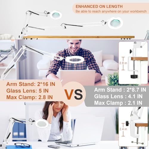 VEEMAGNI 5 Inch Large Real Glass Magnifying Glass with Light and Stand, 5 Color Modes Stepless Dimmable, 2*16 Inch Swivel Arm LED Clamp Desk Lamp, Hands Free 15X Lighted Magnifier for Crafting-White