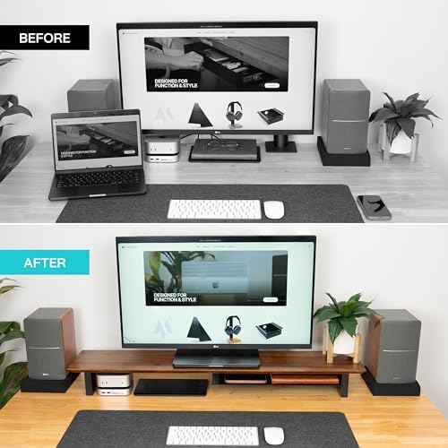 COREMINDED Solid Wood Dual Monitor Stand Riser, 42 Inch Walnut Desk Shelf