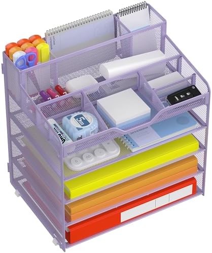 Docnest 5 Tier Mesh Desk Organizer with Letter Tray & Paper Sorter, Purple
