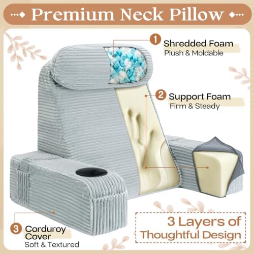 Reading Pillow/Backrest Pillow with Arms, Cup Holder & Phone Pocket