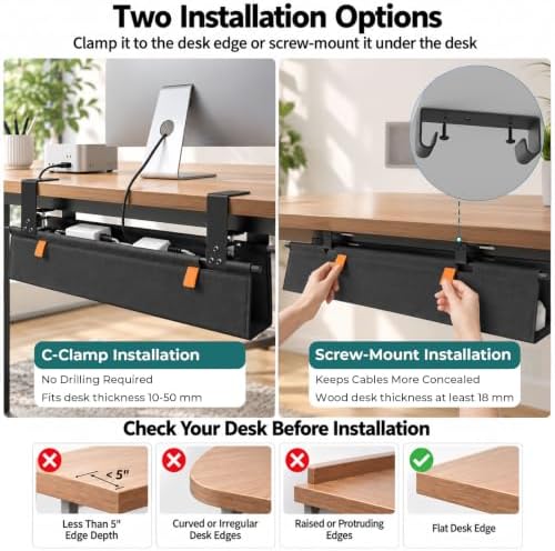 Fabric Under Desk Cable Management Tray 35.4” No Drill with Cable Ties