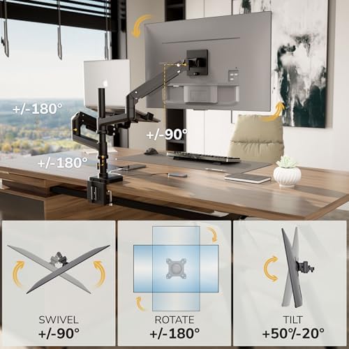 Mount-It! Proflex Series Premium Monitor and Laptop Mount with Pole, Gas Spring Arm, Supports 17–49" Ultrawide Monitors & 11.6–17.3" Laptops up to 44 lbs, USB 3.0 & USB-C, Full Motion