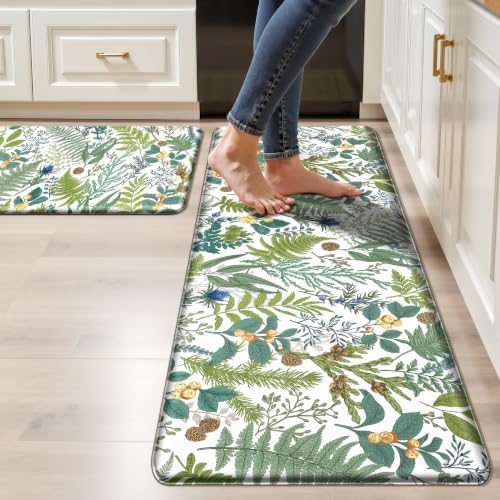 2PC Botanical Kitchen Rugs Set, White Green, 17.3"x28" + 17.3"x47"