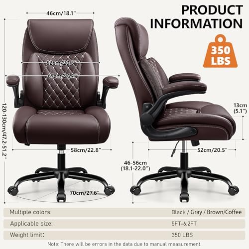 BESTFAIR Office Chair, Executive Computer Desk Chair with Lumbar Support for Lower Back Pain Relief, Ergonomic Leather Home Chair Comfy with Padded Flip-up Arms and Adjustable Armrests, Coffee