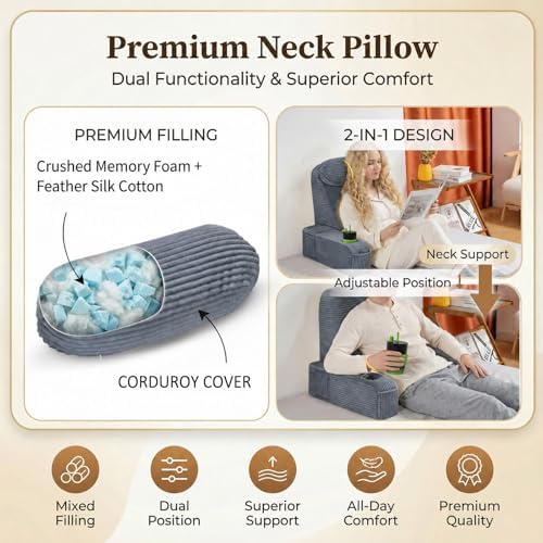 Reading Pillow for Adults, Back Pillow for Bed Sitting Up, Backrest Pillow for Sitting in Bed, Detachable Arms with Built-in Cup & Phone Caddy (Dark Gray-Corduroy, 19 INCH)